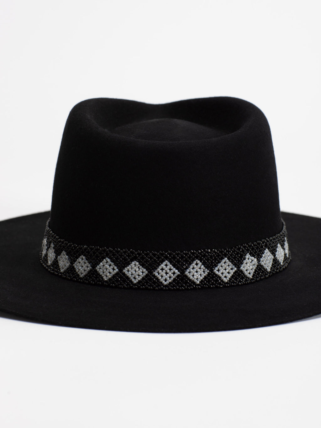 Close-up of black and white Rwandan beaded band on Cairo fedora crown