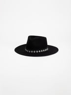 Cairo handmade fedora hat in black wool with white diamond beaded band, side view