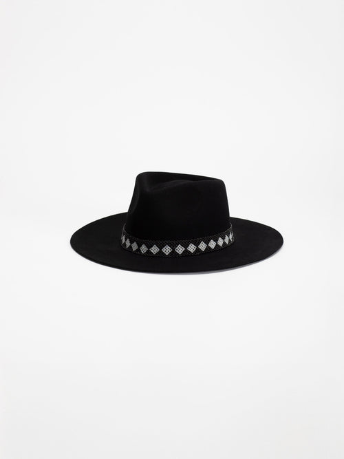 Cairo handmade fedora hat in black wool with white diamond beaded band, side view
