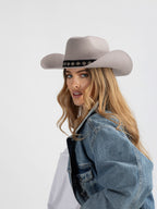 Woman light grey Gahanga cowboy and denim jacket on a white background