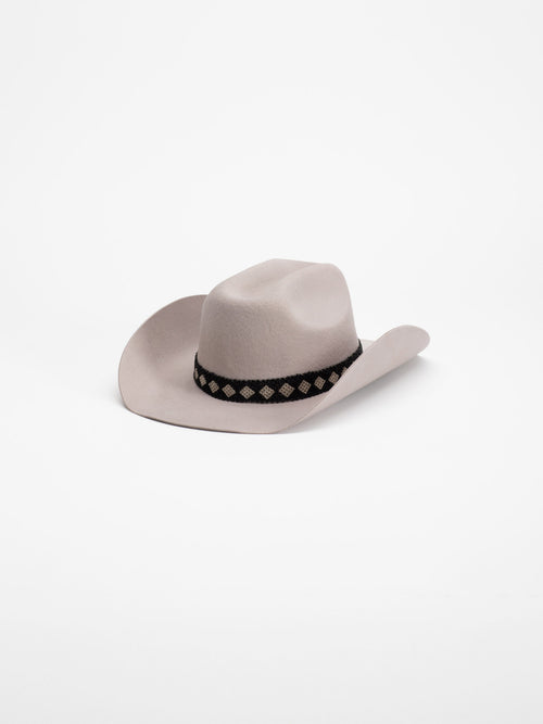 Gahanga handmade cowboy hat in light grey wool with Rwandan beaded band, side view