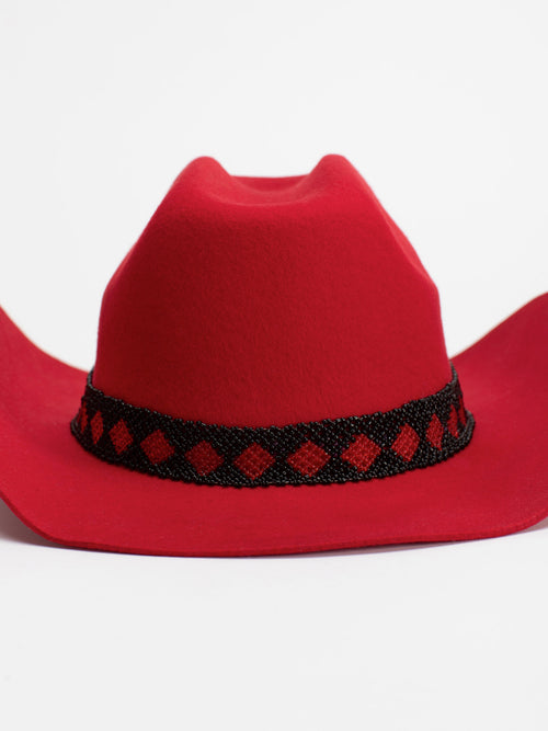 Close-up of Rwandan beaded band on Gasabo cowboy hat crown