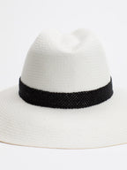 Close-up of black Rwandan bead band on Ibiza Panama straw hat