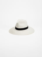 Ibiza handmade Panama White straw hat with black Rwandan beaded band, side view