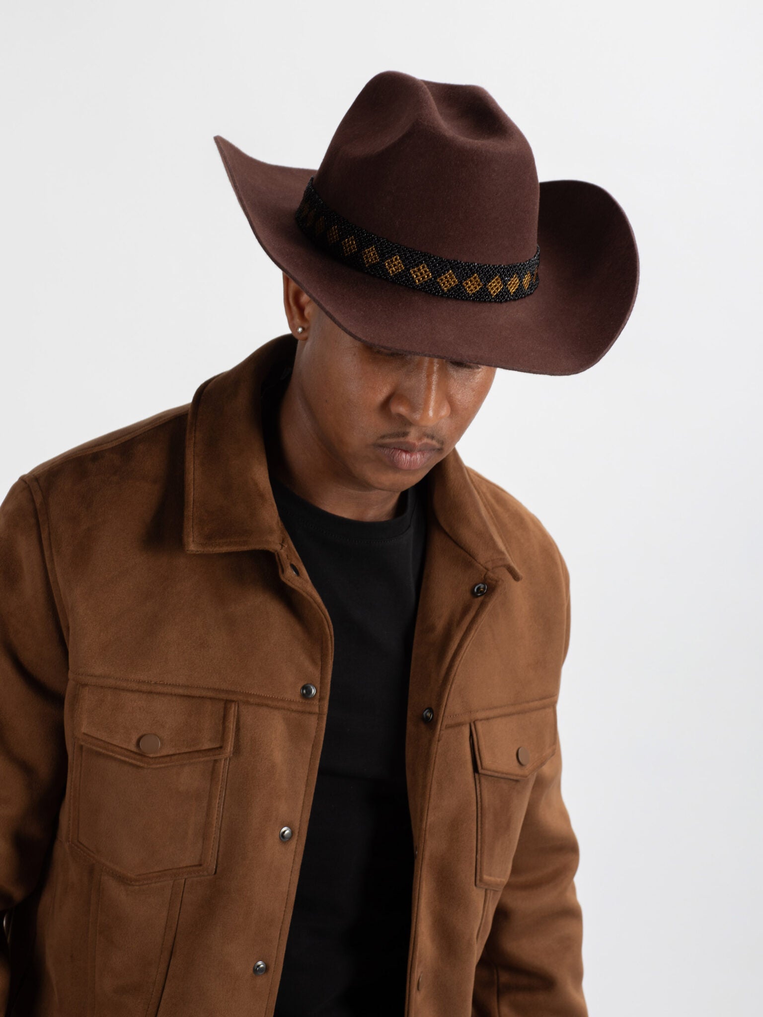 Man wearing Kibuye cowboy hat showing Rwandan beadwork