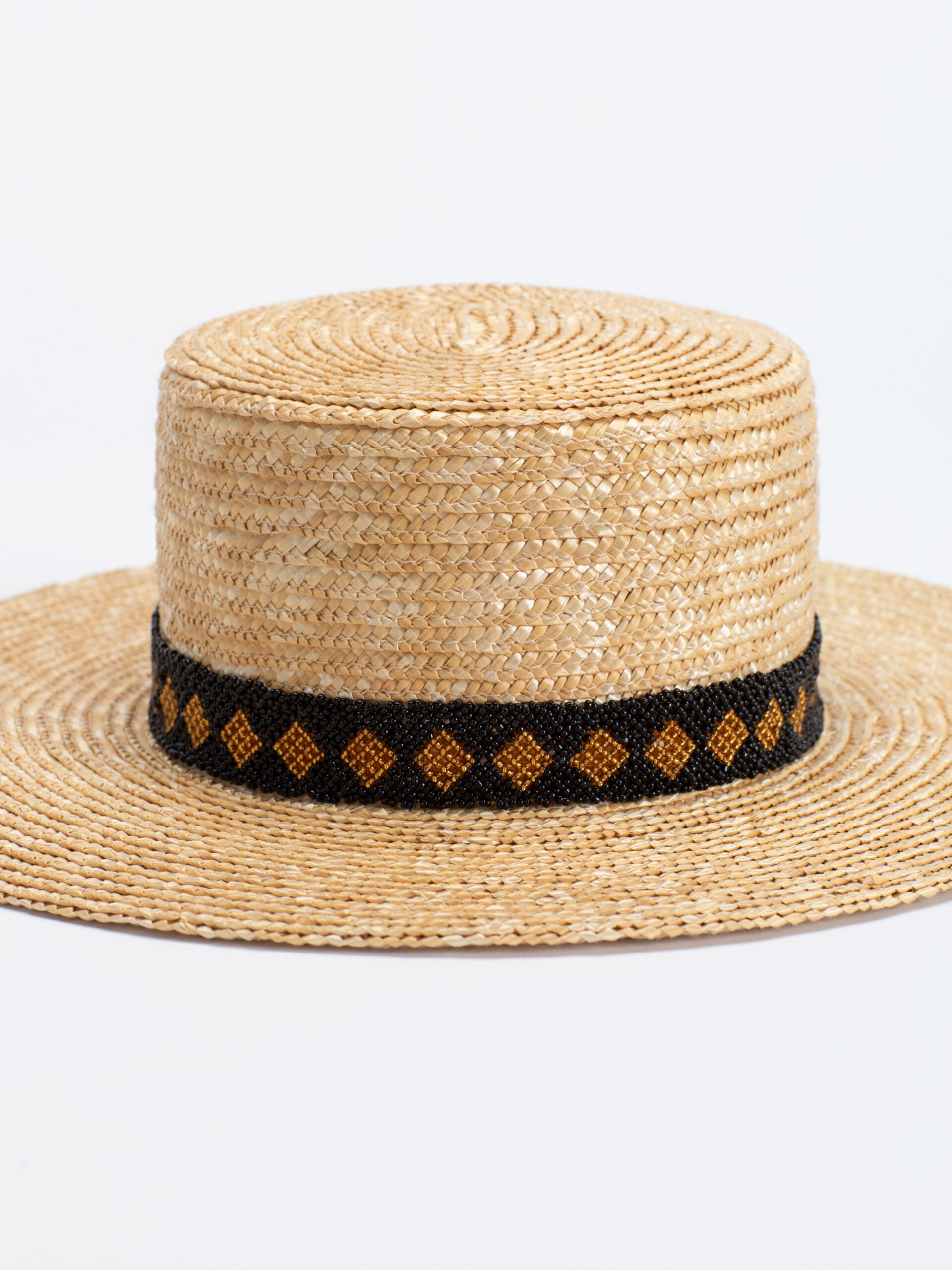 Close-up of Rwandan bead band on Kingston straw fedora crown