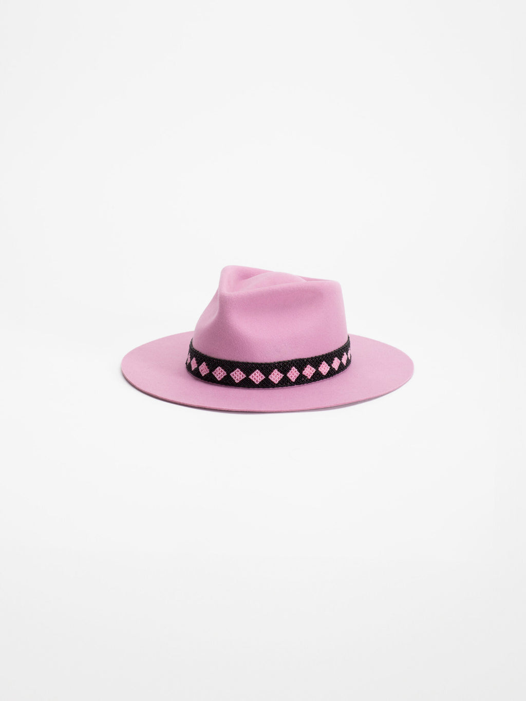 Paris handmade pink fedora hat with black and pink Rwandan beaded band, side view
