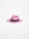 Paris handmade pink fedora hat with black and pink Rwandan beaded band, side view