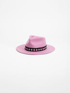 Paris handmade pink fedora hat with black and pink Rwandan beaded band, side view