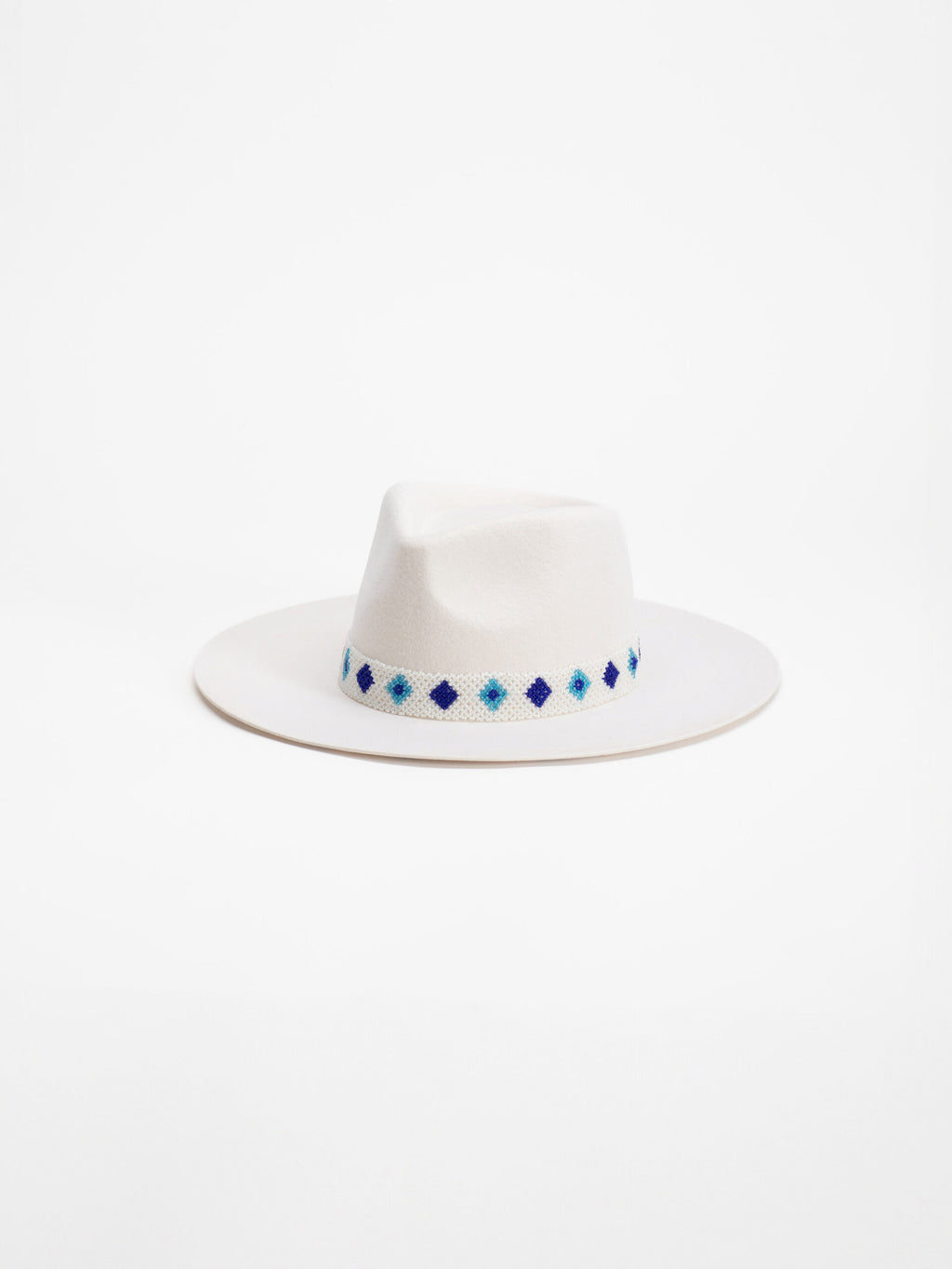 Santorini handmade white fedora hat with Rwandan beaded band, side view