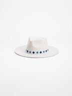 Santorini handmade white fedora hat with Rwandan beaded band, side view